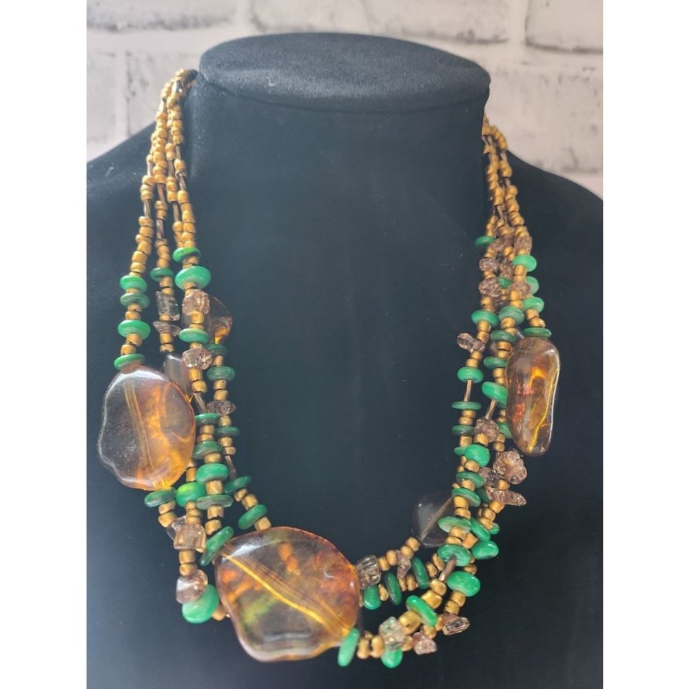 Amber & Green 4-string Beaded Necklace Earthy -  Cg maker mark